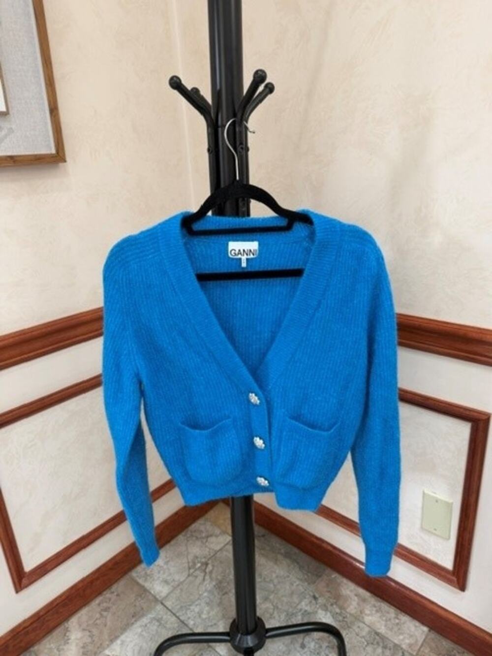 Ganni Women's Blue Alpaca Wool Blend Crystal Embellished Cardigan Size XS